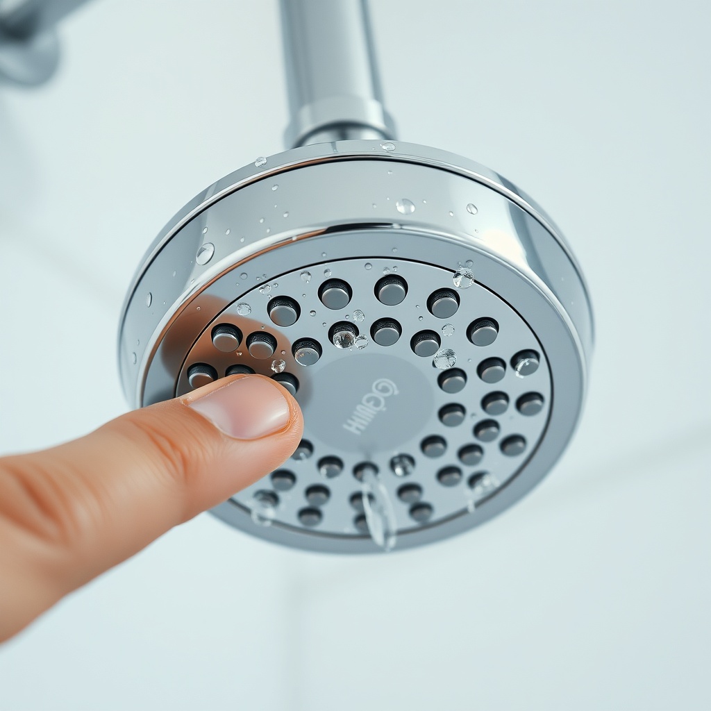 A close-up photorealistic photo of a Hansgrohe Raindance Select shower head with water dro