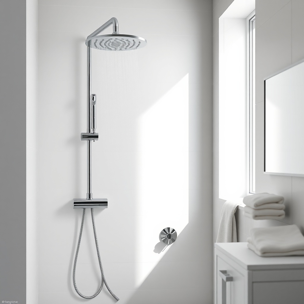 A photorealistic photo of a modern bathroom with a Hansgrohe Raindance Select shower syste