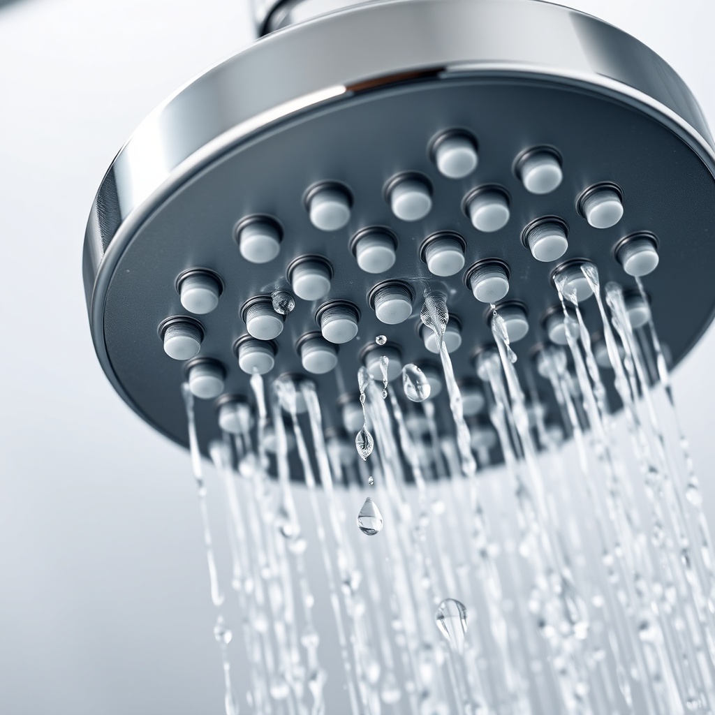 A close-up photorealistic photo of a Hansgrohe Raindance Select shower head with water dro
