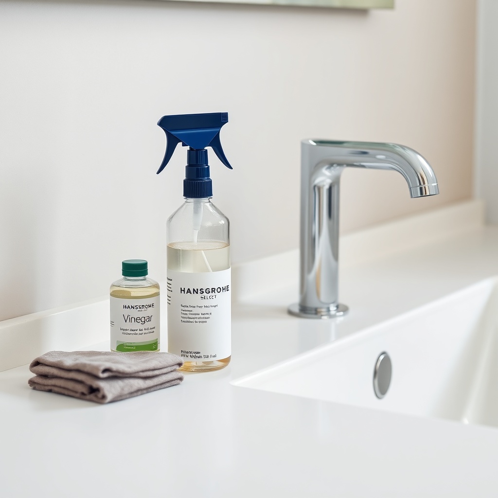 A photorealistic photo of a bathroom counter with cleaning products (white vinegar