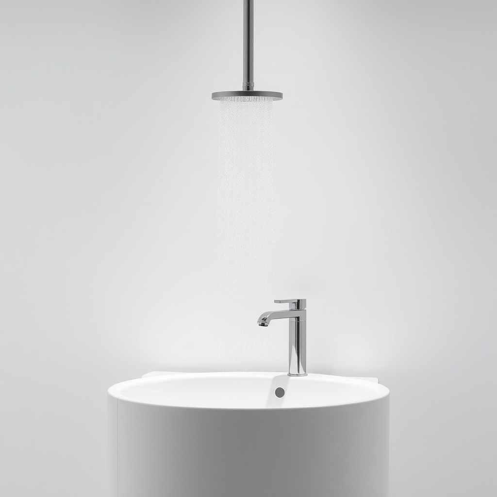 <Parlak beyaz bir Hansgrohe Raindance Select banyo dolabı