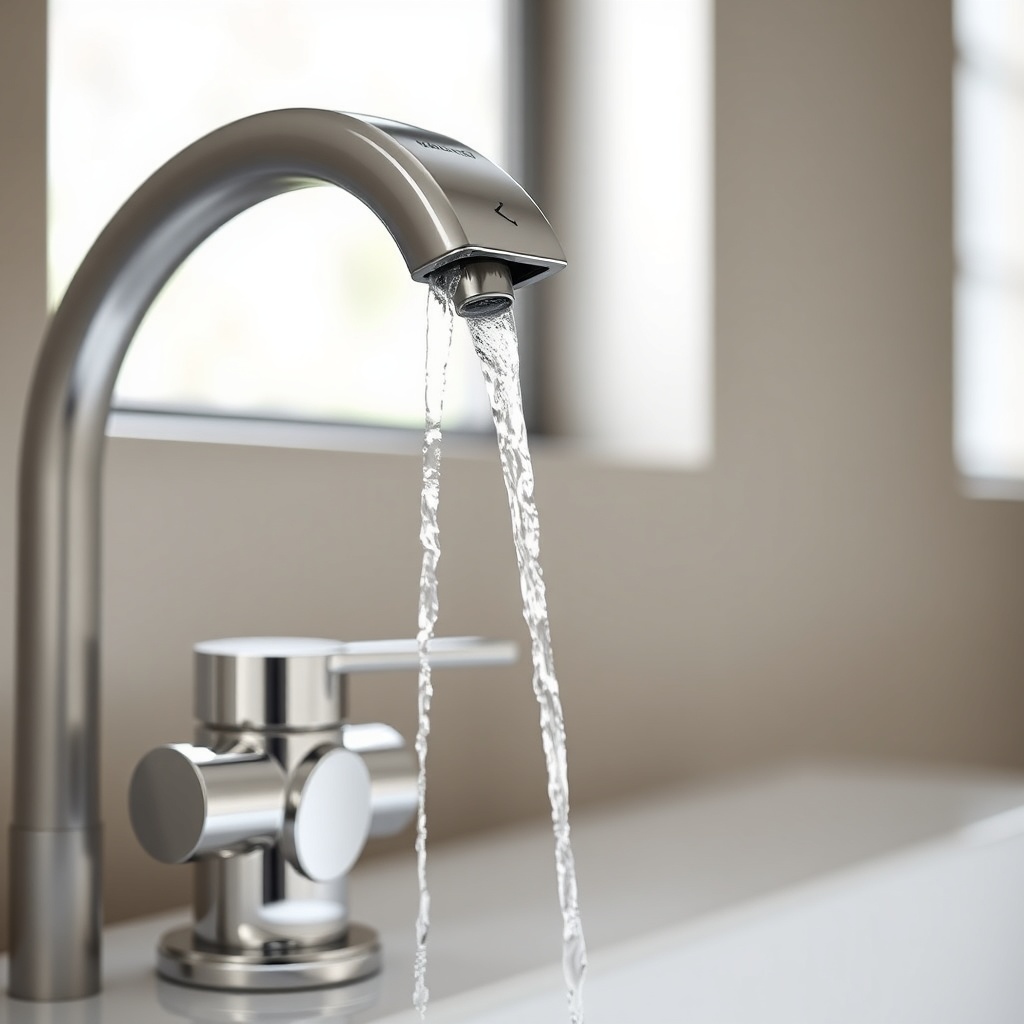 A photorealistic close-up of a Hansgrohe Raindance Select bathroom faucet with a gentle wa