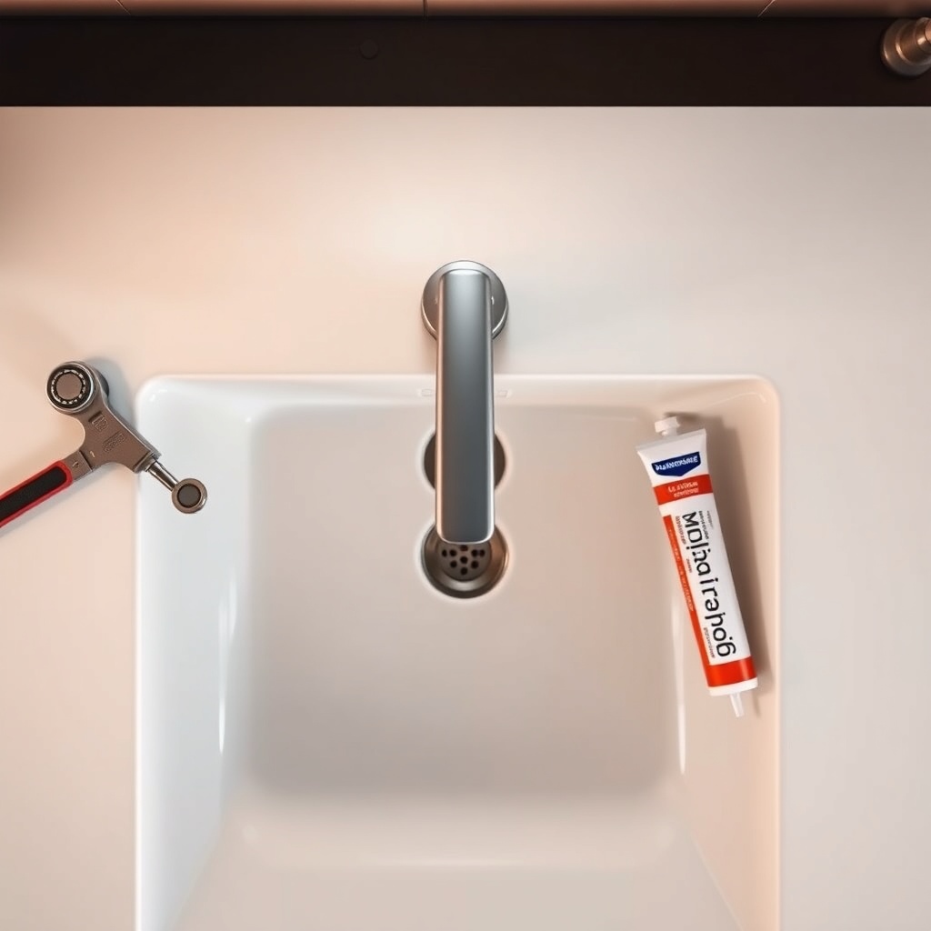 A photorealistic top-down view of a Hansgrohe Raindance Select faucet being installed on a