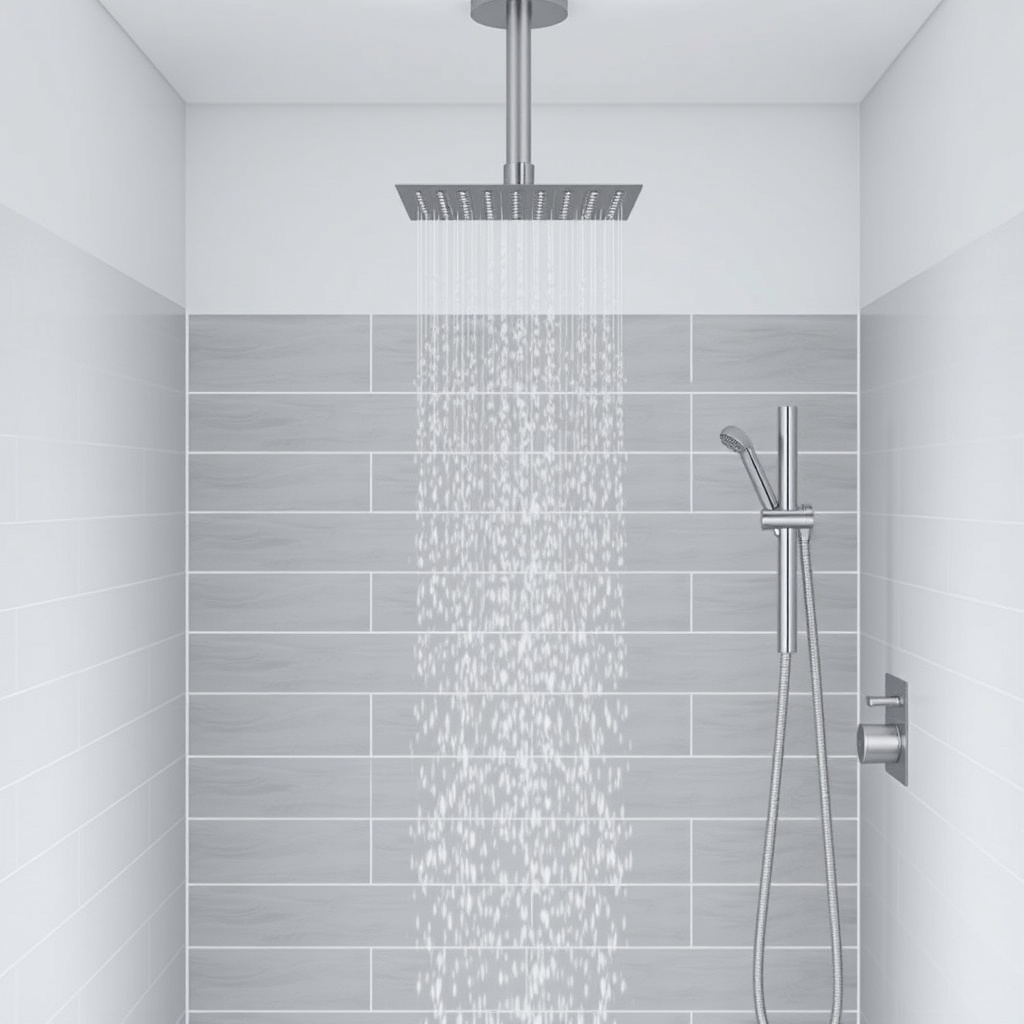 <clean photorealistic photo/illustration for a modern bathroom with Hansgrohe Raindance Se