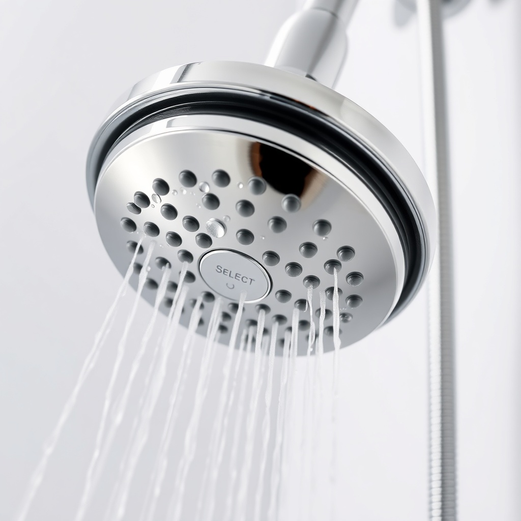 <A photorealistic close-up of a Hansgrohe Raindance Select shower head with water drops on