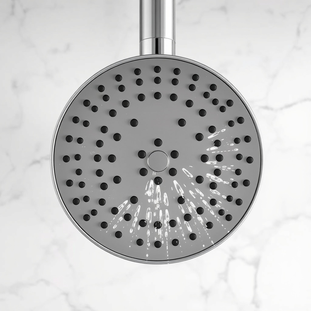 <A photorealistic top-down view of a Hansgrohe Raindance Select S 240 Air shower head on a