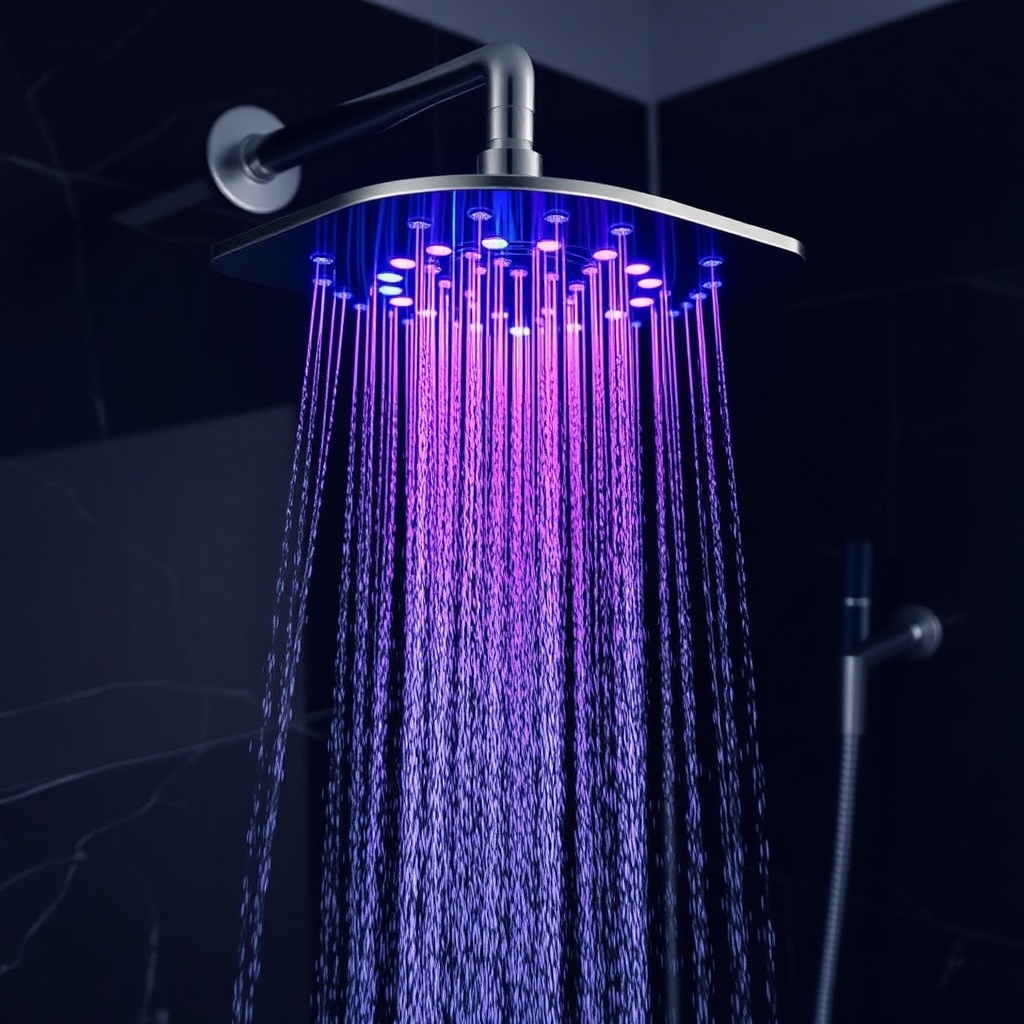 <photorealistic photo of a Hansgrohe Rainmaker Select 260 3jet shower head with vibrant RG