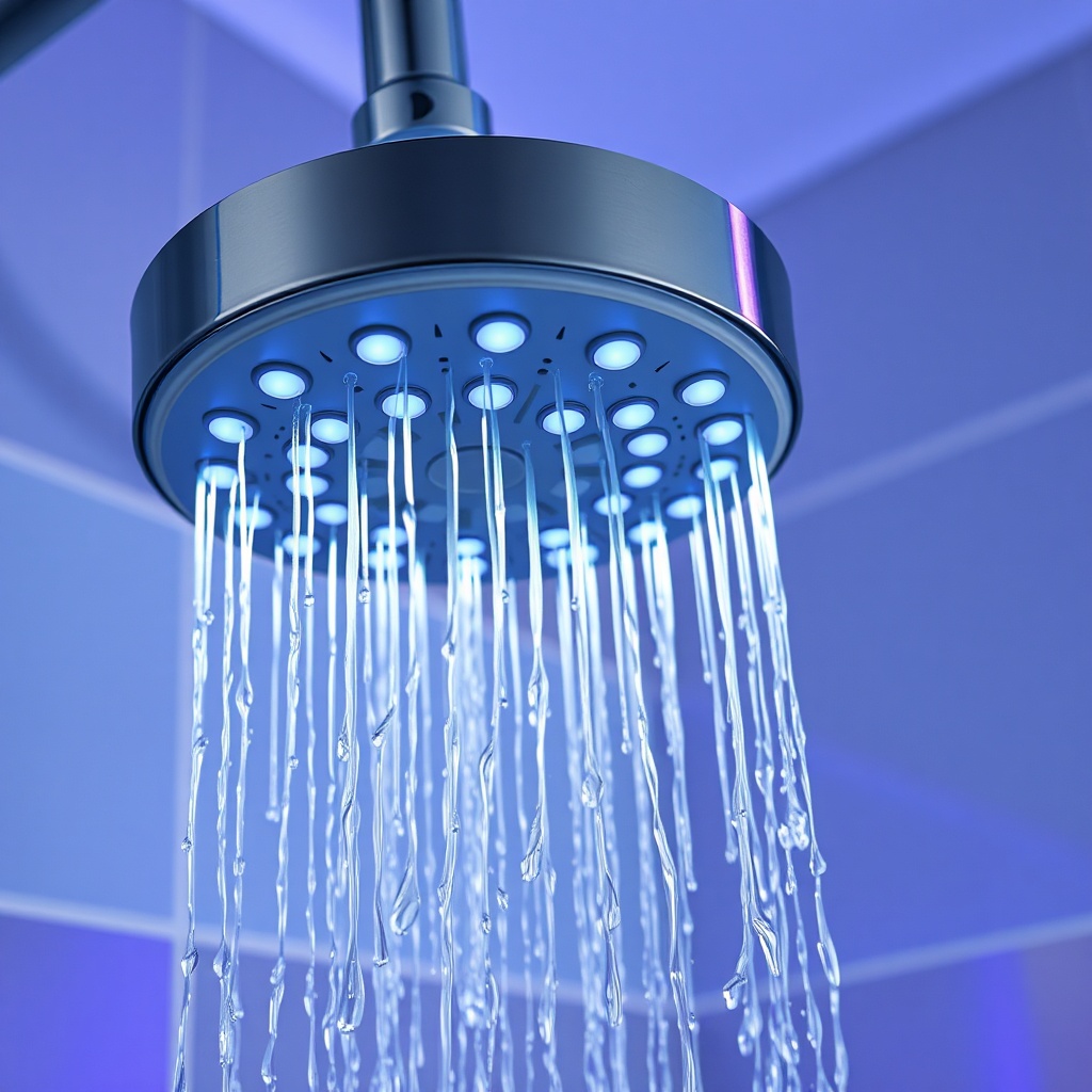 photorealistic close-up of a Hansgrohe Rainmaker Select showerhead with LED lighting illum