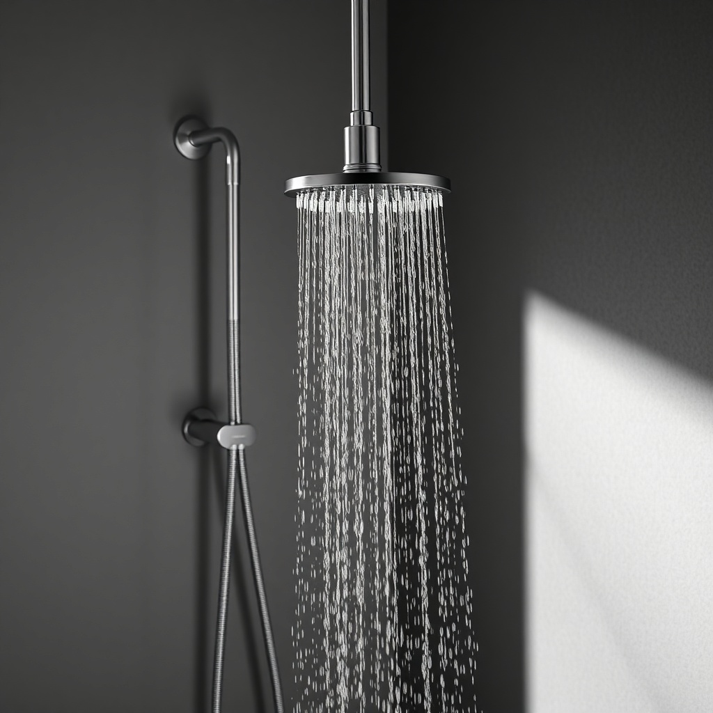 <clean photorealistic photo/ Hansgrohe Rainmaker Select'in parlak krom yüzeyinin mikrofibe