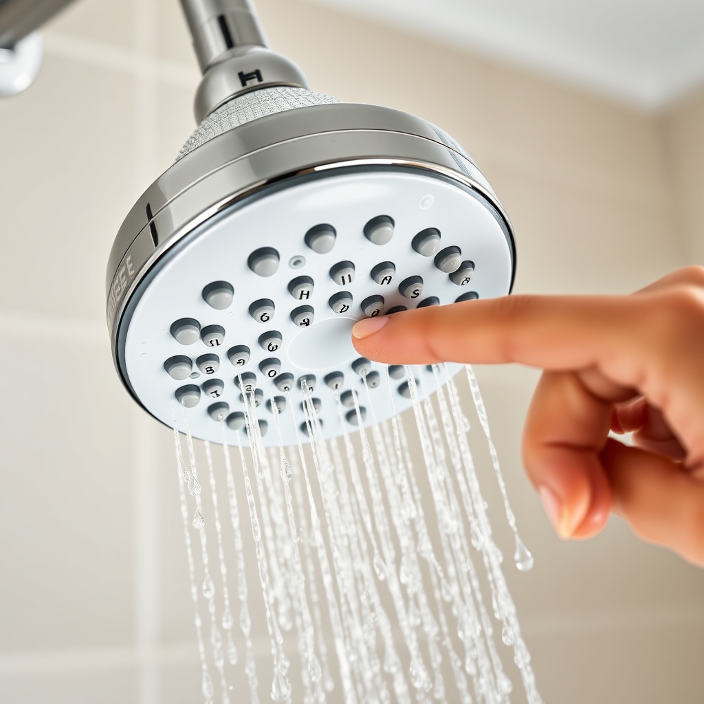 <A photorealistic close-up photo of a Hansgrohe Rainmaker Select shower head with water dr