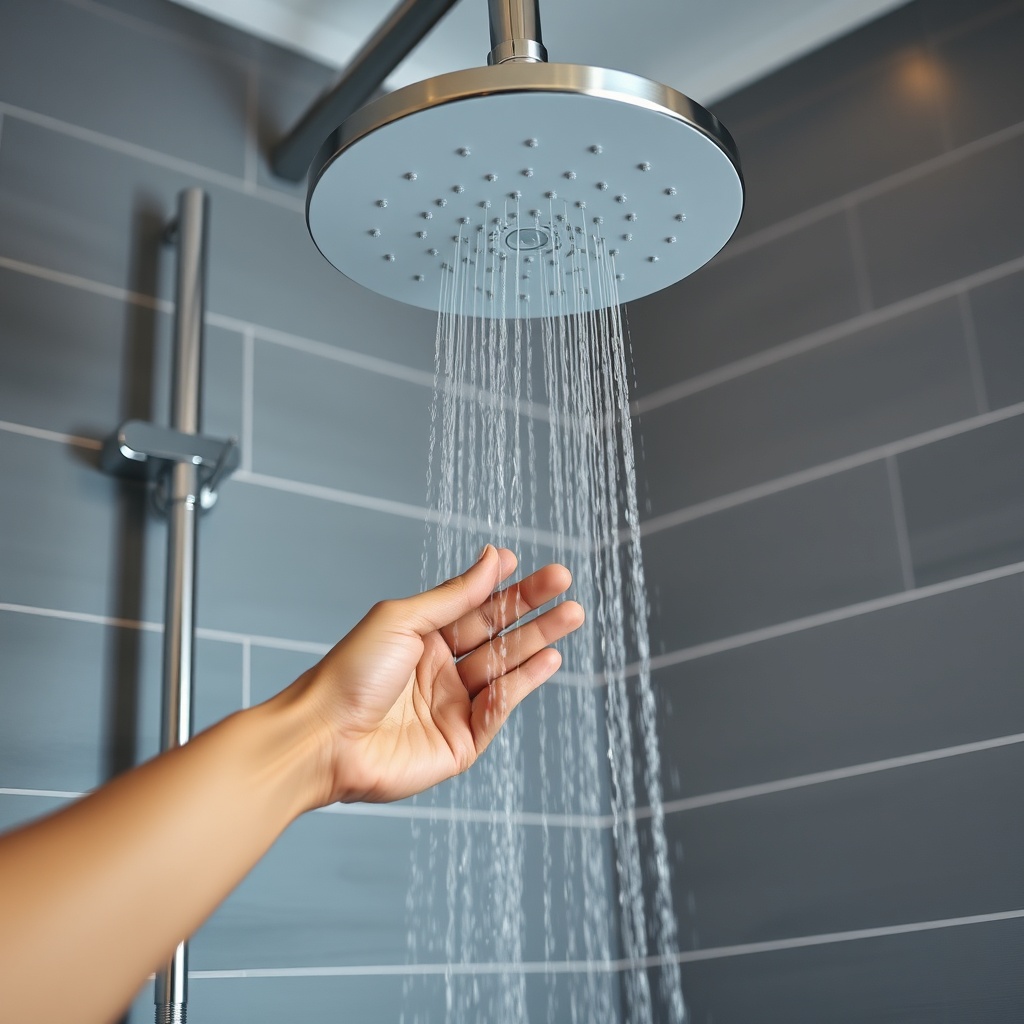 <A photorealistic photo showing a Hansgrohe Rainmaker Select shower system from a low angl