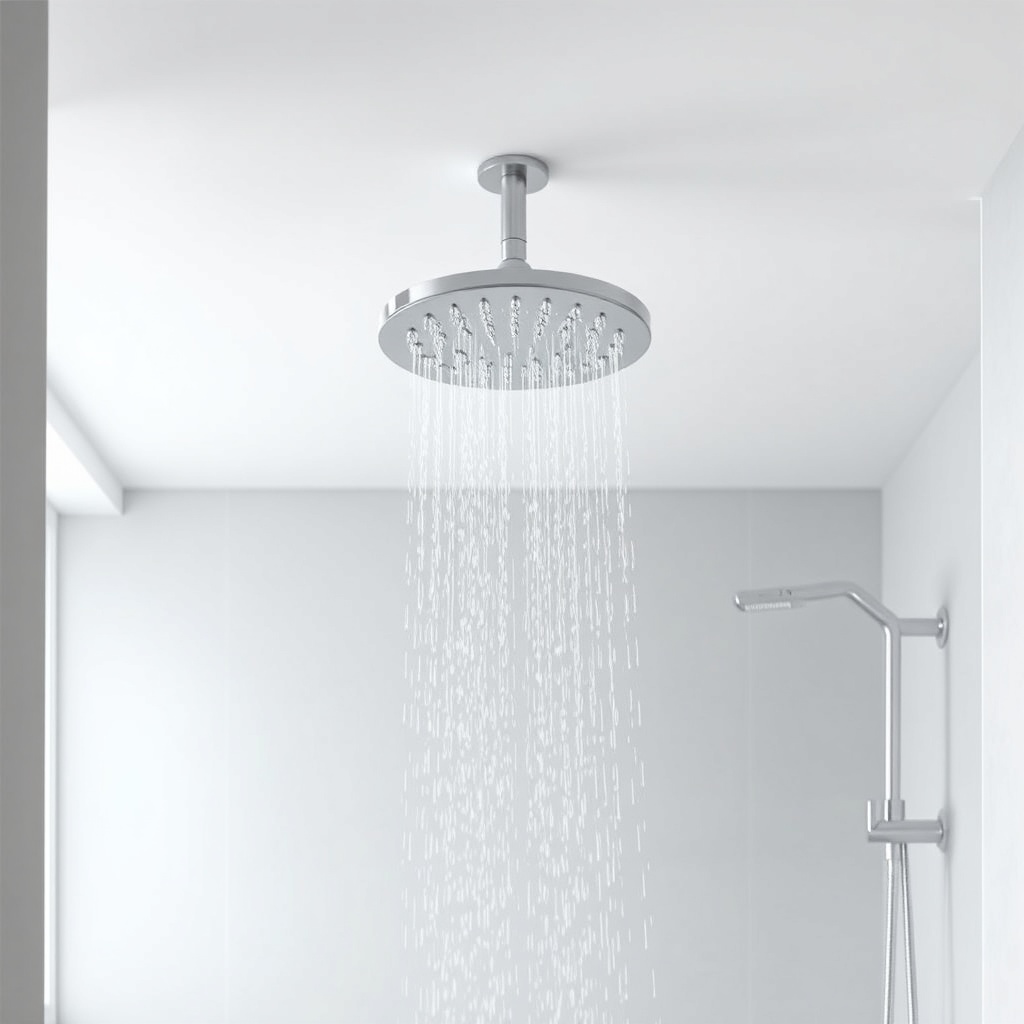 A clean photorealistic bathroom with a large Hansgrohe Rainmaker Select 240 1jet showerhea