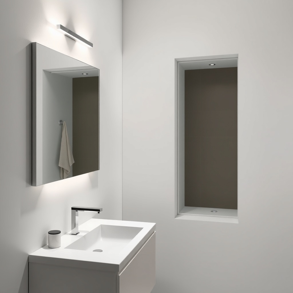 <clean photorealistic photo of a modern bathroom with VitrA Root lighting fixtures illumin