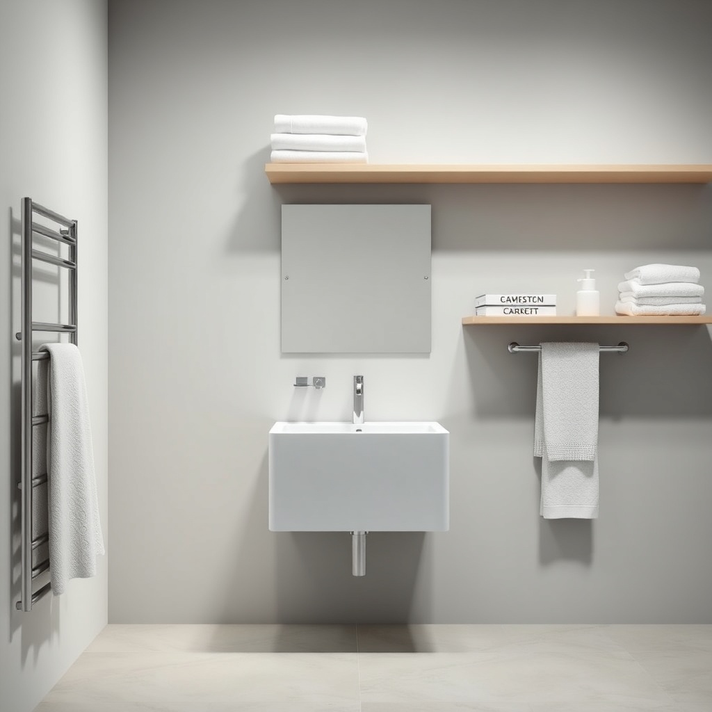 <clean photorealistic photo of a bathroom with VitrA Root accessories like towel racks and