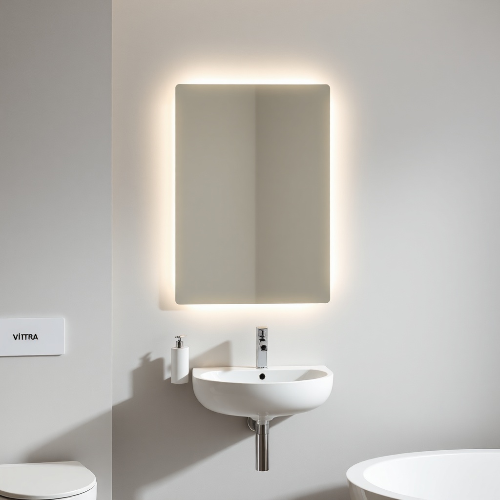 fotorealistic photo of a modern bathroom with VitrA Root LED mirror and wall light fixture