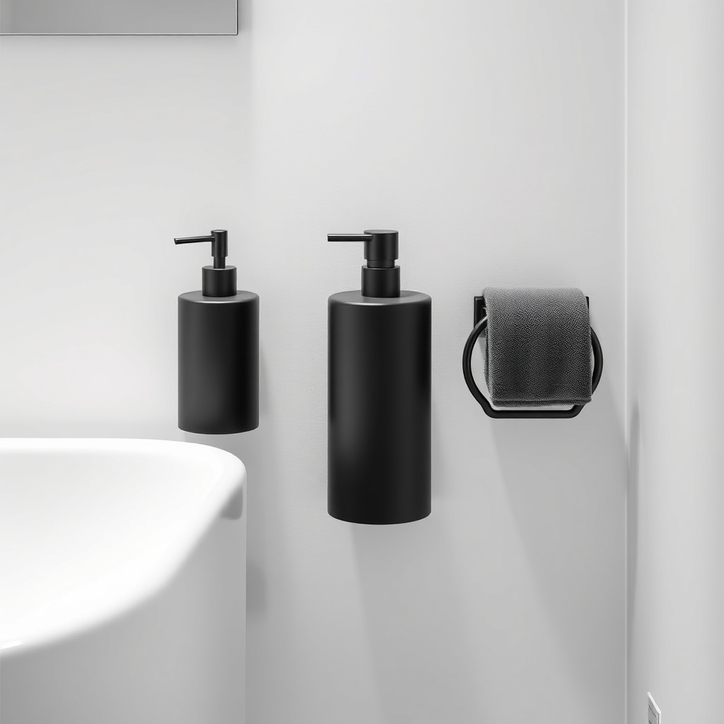 fotorealistic photo of a bathroom with VitrA Root matte black accessories (soap dispenser