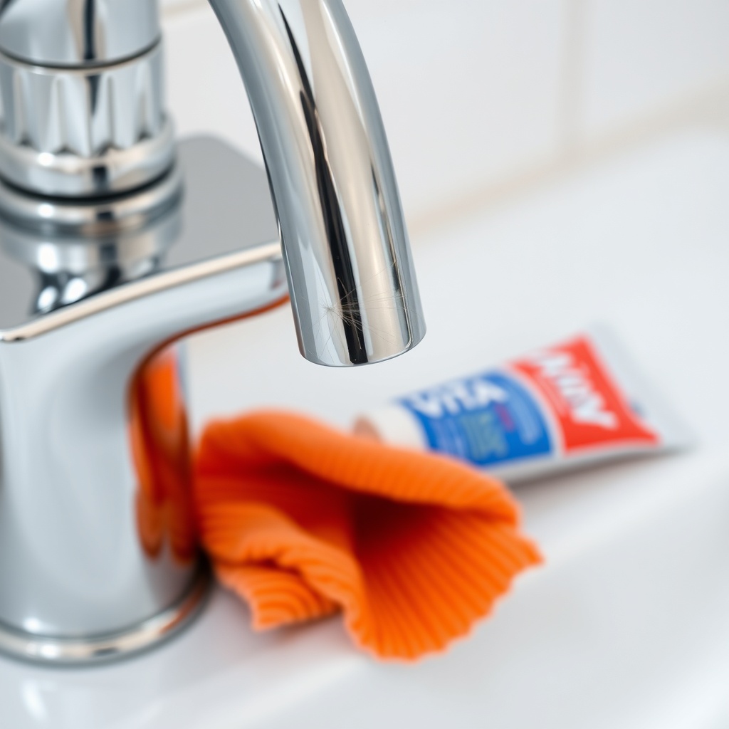 <clean photorealistic photo of a close-up of a VitrA chrome faucet with a visible scratch