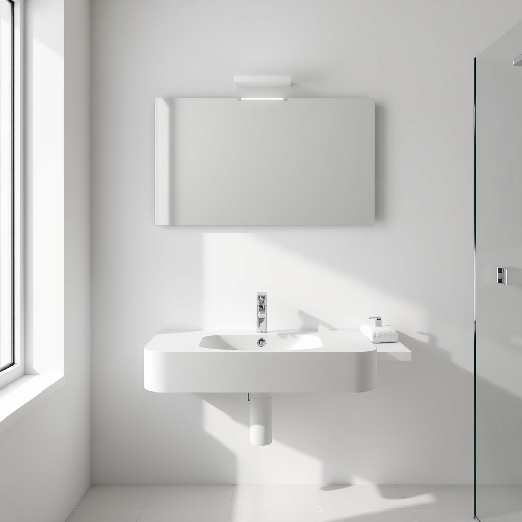 <clean photorealistic photo of a modern bathroom with VitrA Root sink and fixtures