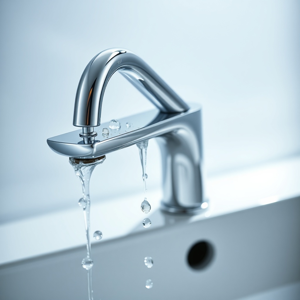 <clean photorealistic photo of a VitrA Root chrome faucet with water droplets