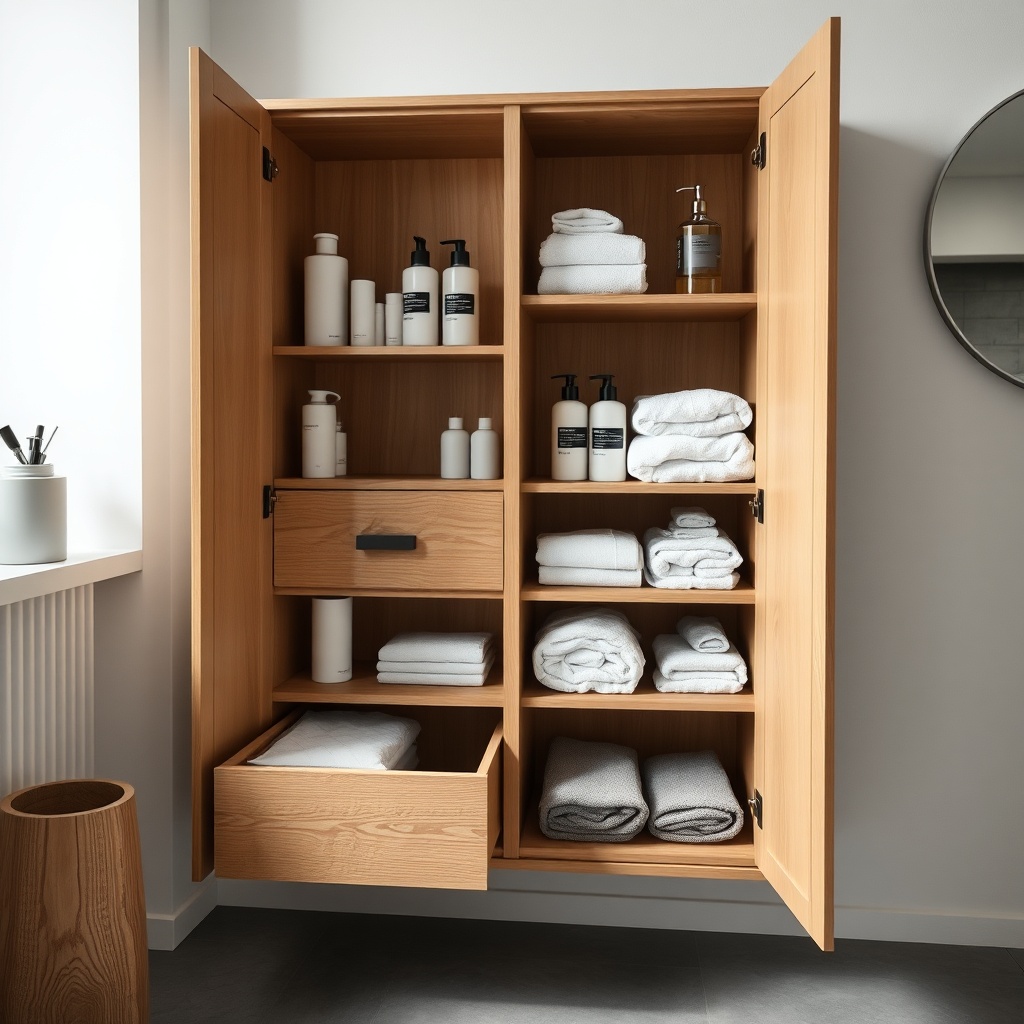 A clean photorealistic photo of a VitrA Root bathroom cabinet with open drawers showing or