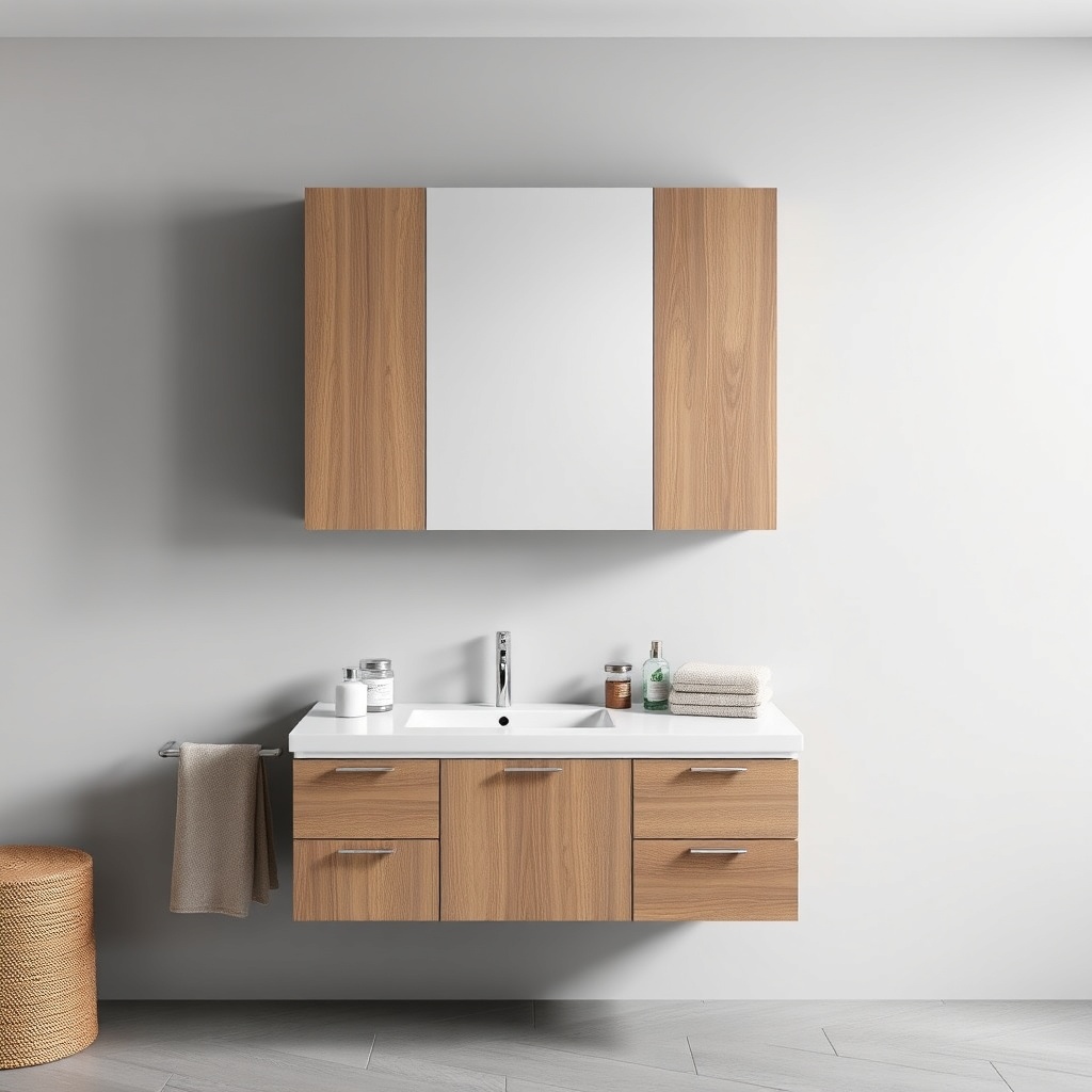 A clean photorealistic photo of a VitrA Root cabinet set mounted in a modern bathroom with