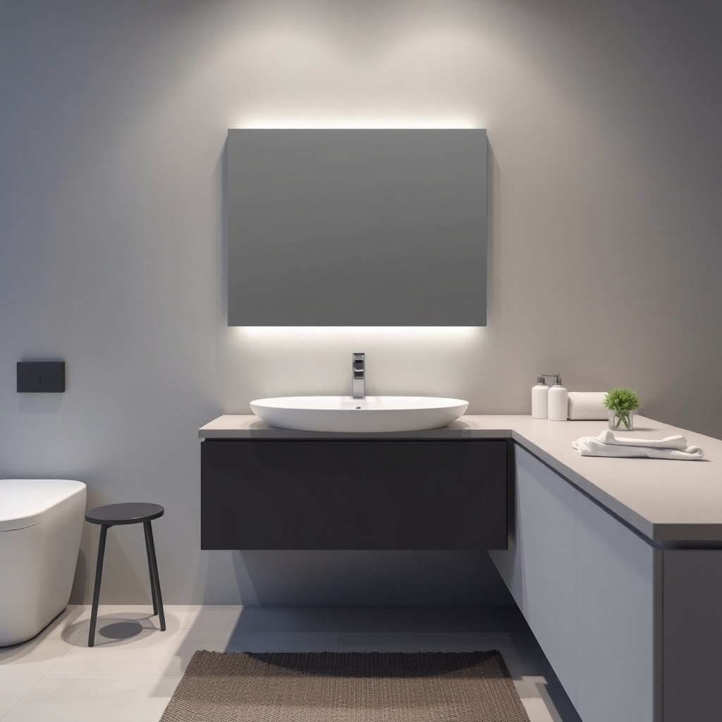 <clean photorealistic photo/illustration of VitrA Root lavabo and duş bataryaları displaye