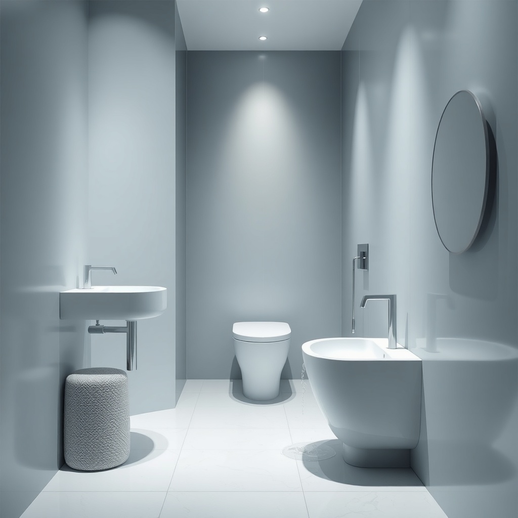 <clean photorealistic photo/illustration of a modern banyo with VitrA Root batarya and mus