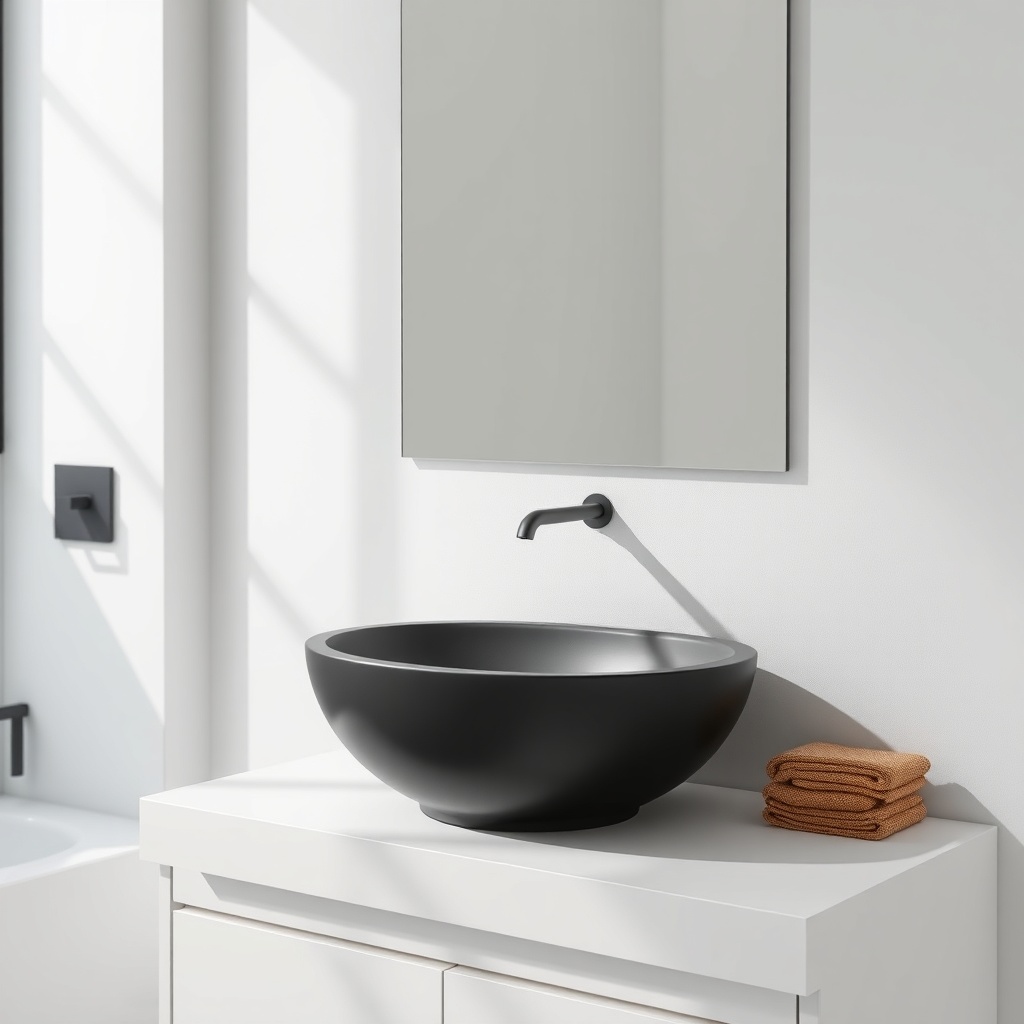 <photorealistic photo of a VitrA Root matte black lavabo batarya on a white sink