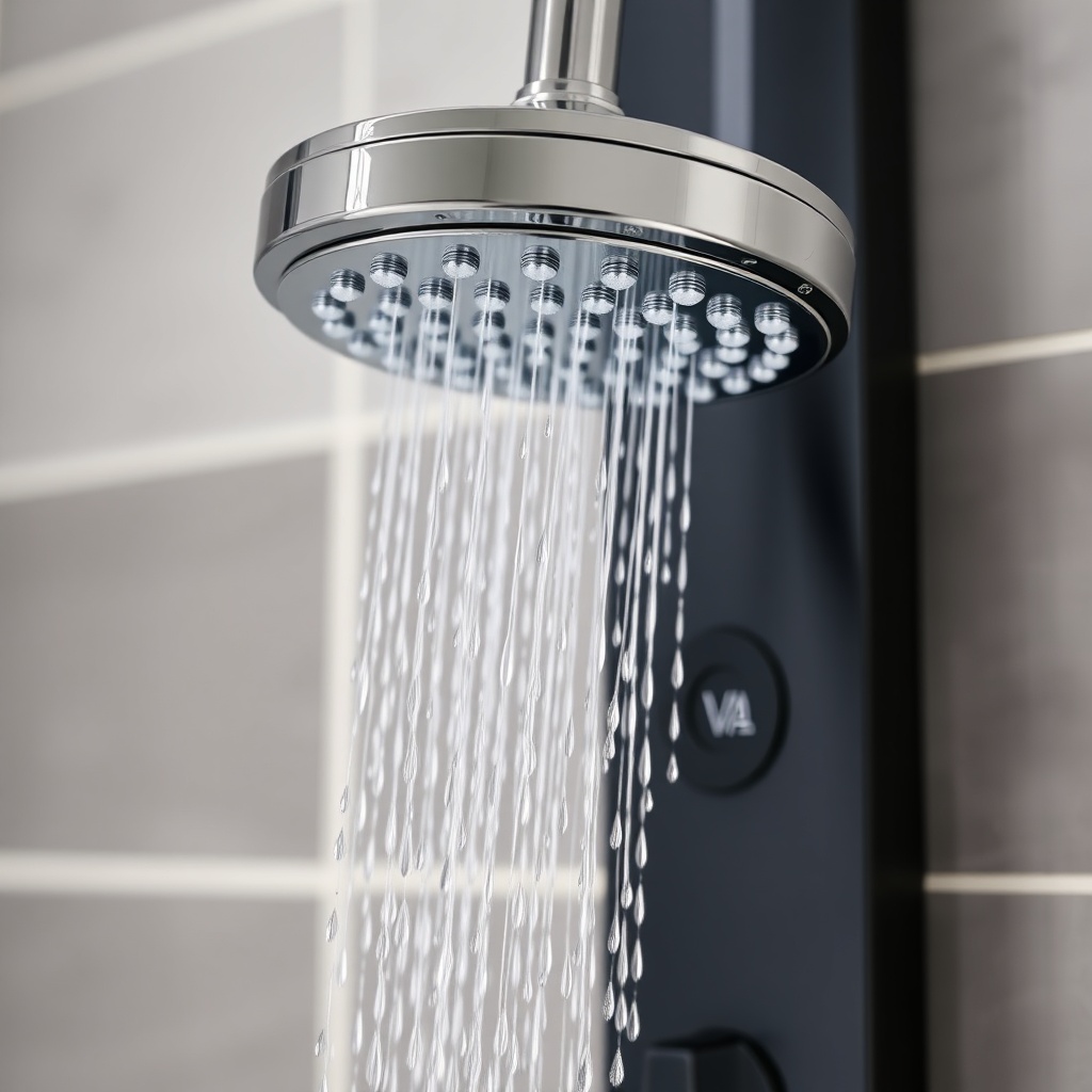Close-up of a VitrA Root rain shower head with water droplets
