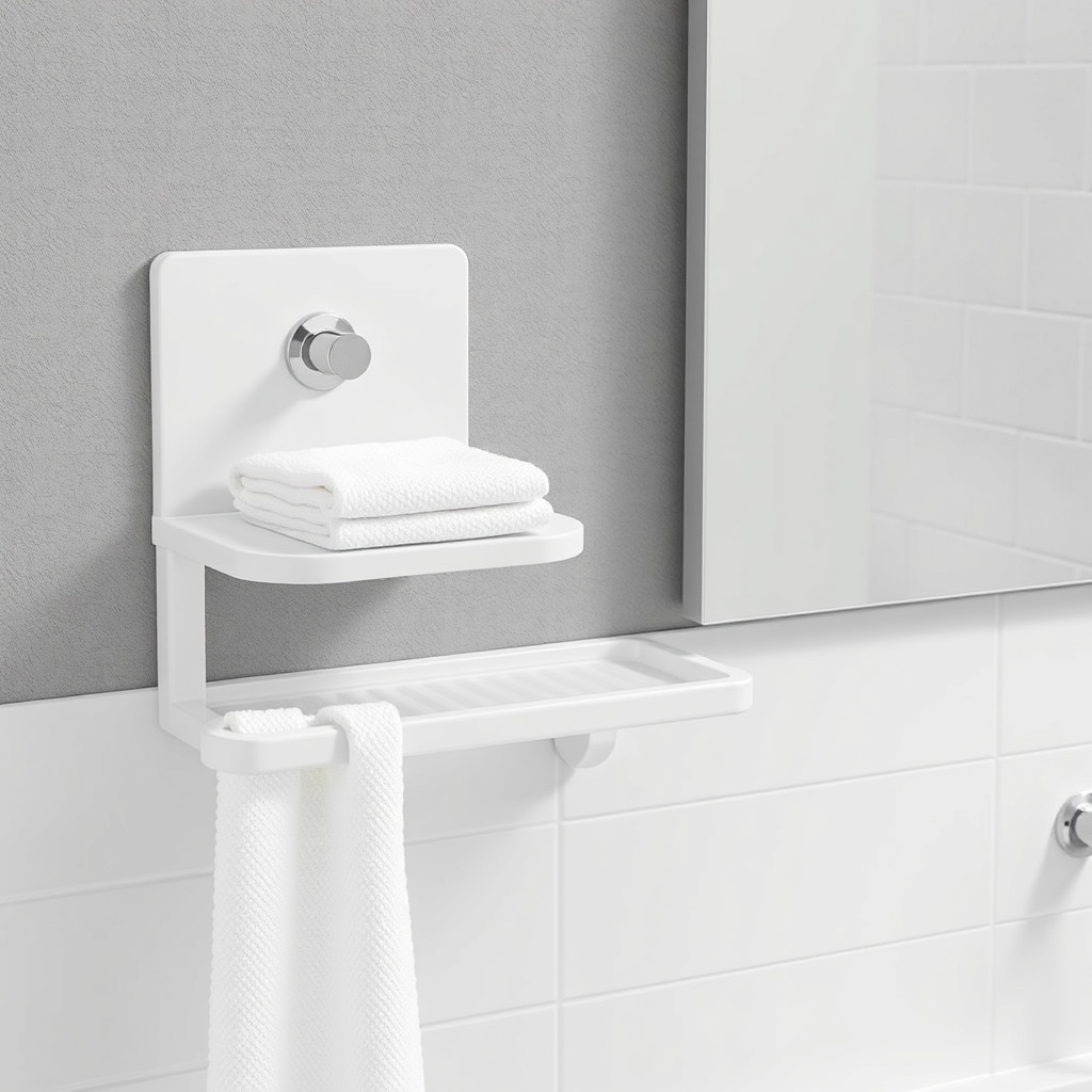 A VitrA Root bathroom shelf and towel hook set