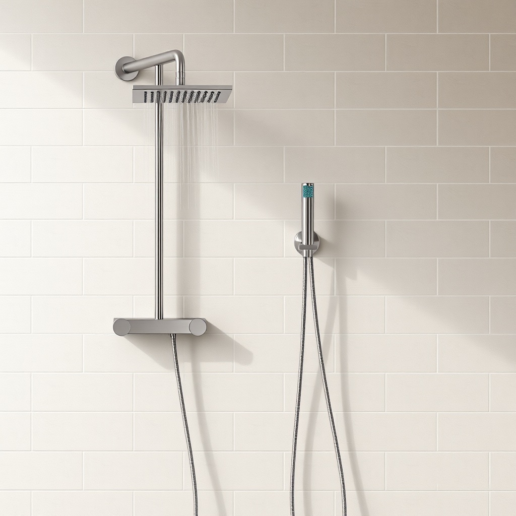 A clean photorealistic product photo of a modern bathroom with a VitrA Root thermostatic s