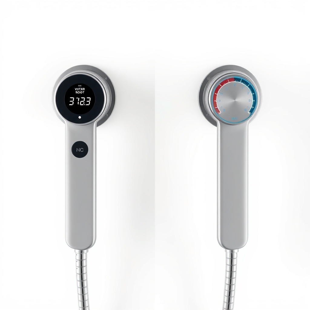 A photorealistic comparison shot showing two VitrA Root shower system handles side by side