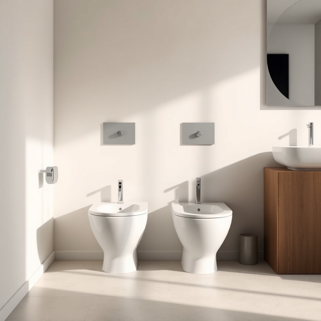 A photorealistic close-up of a VitrA Root wall-hung toilet and bidet set in a modern
