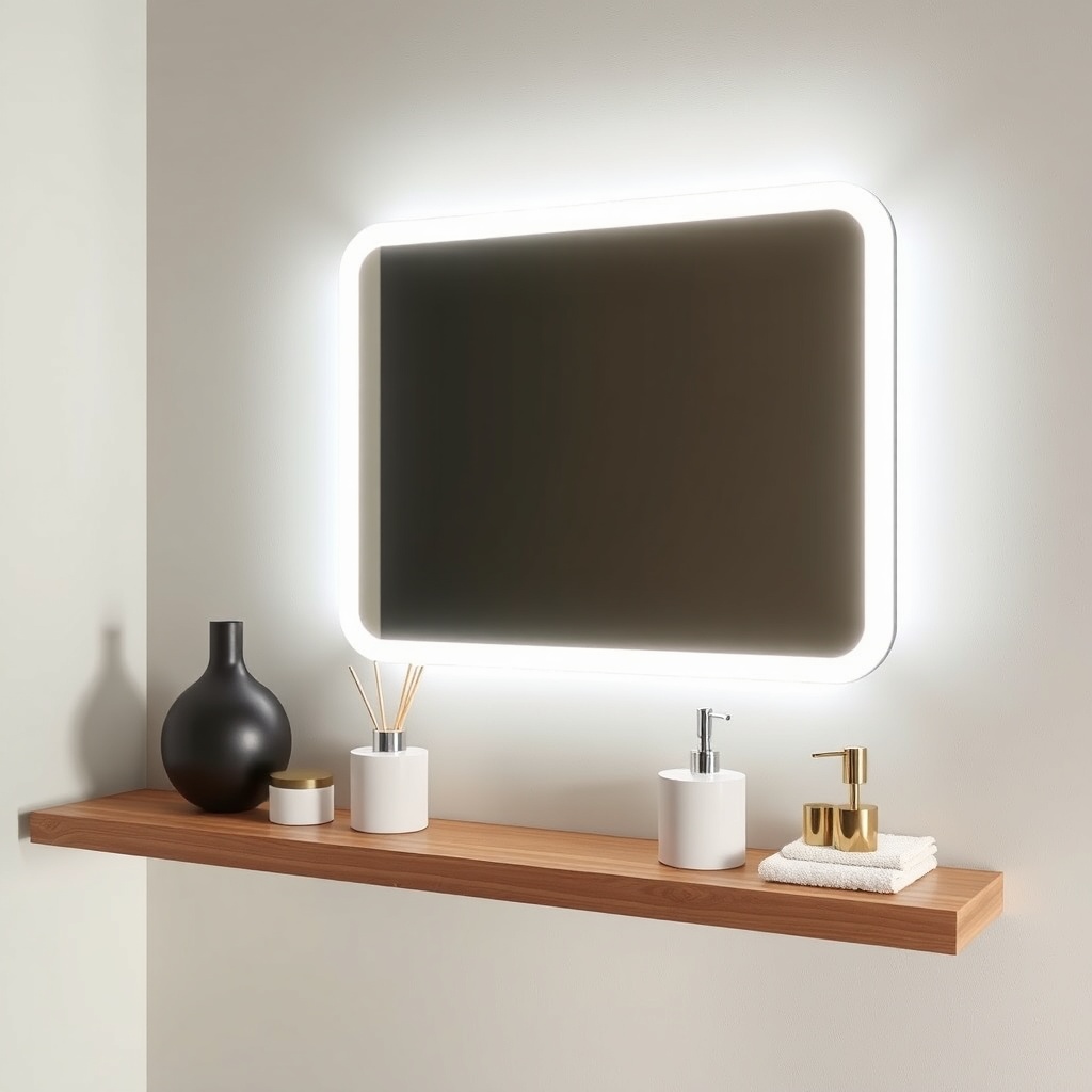 A photorealistic shot of a VitrA Root illuminated mirror and matching accessories on a woo