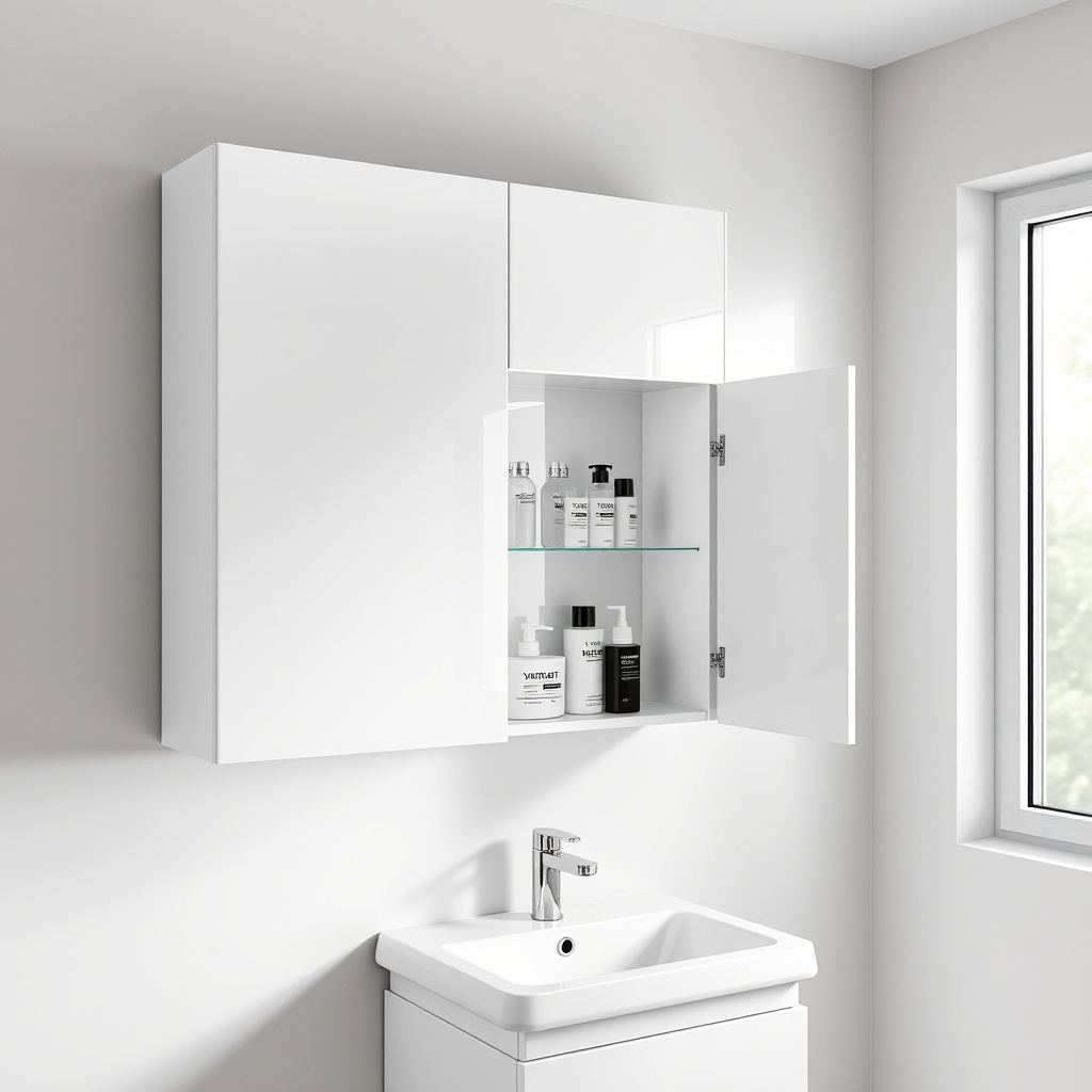 A modern bathroom interior with a glossy white VitrA Root mirror cabinet mounted above a w
