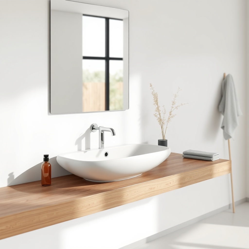 <A photorealistic photo of a modern bathroom featuring a white VitrA Root tezgah üstü lava