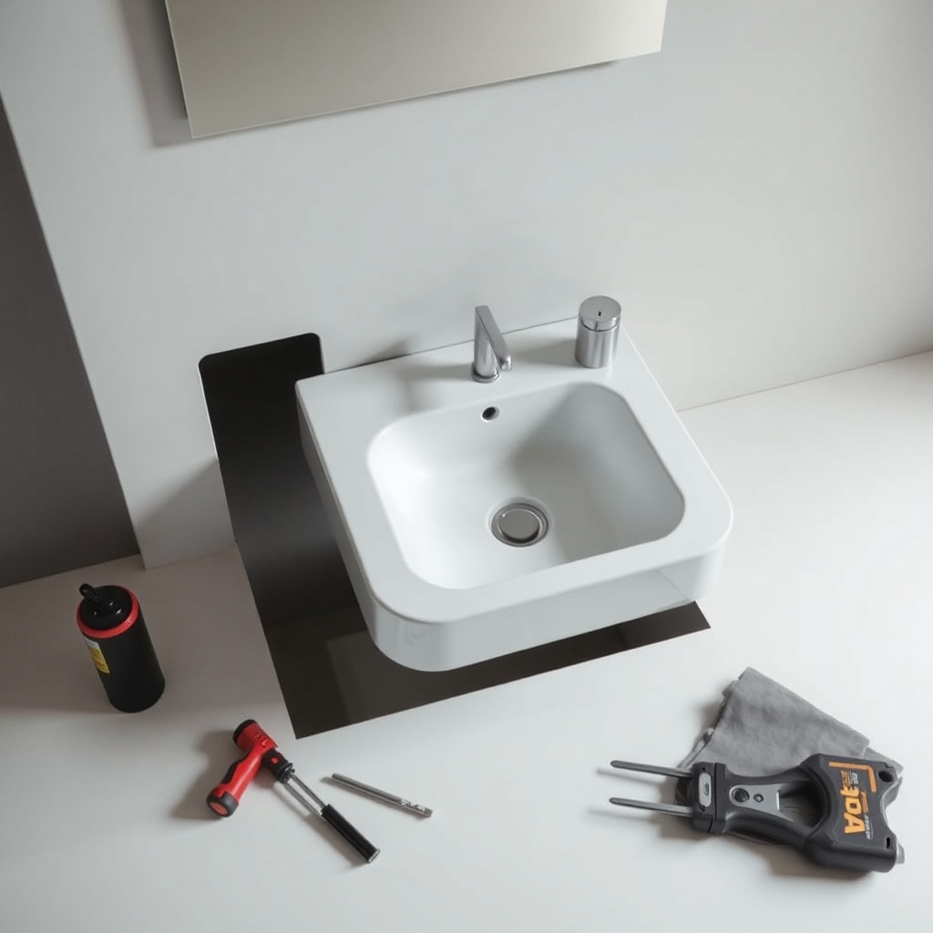 <A photorealistic photo of a bathroom installation process showing a VitrA Root ankastre l